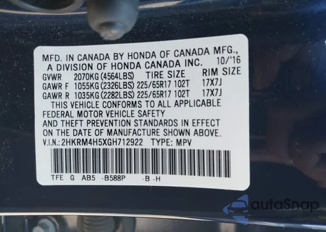 2016 Honda Cr-V Ex from USA, damaged, VIN 2HKRM4H5XGH712922